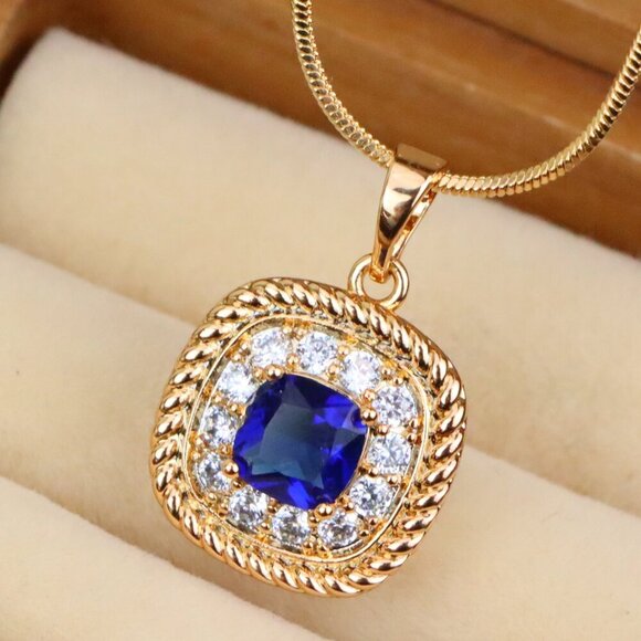 "Elegant Blue Square Pendant with Sparkling Crystal Border, XPPT1664 - Picture 1 of 13
